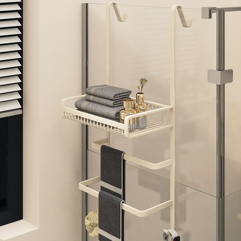 奶油风浴室置物架毛巾架玻璃门架B子卫生间浴巾架厕所淋浴房毛巾
