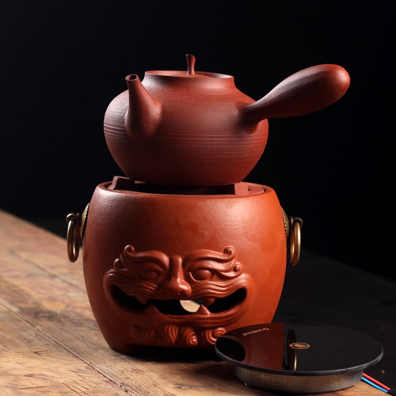 红泥炭炉功夫茶炉煮茶器兽面炭炉炭电两用电陶炉电丝炉侧把砂铫壶