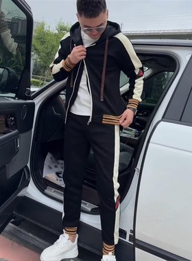 24626春季款潮拼色休闲运动套装男士帅气百搭立领外套长裤两件套