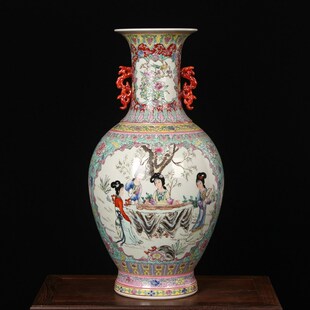 极速艺术瓷e厂粉彩双耳开坛仕女图花瓶 仿古中式家居摆件摆设工艺