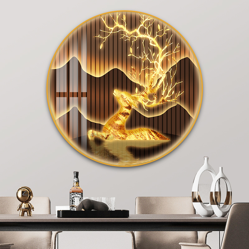 极速荷花九鱼图新中式o玄关装饰画客厅背景墙挂画莲花国画圆形壁