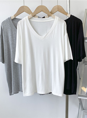 新品莫代尔V领短袖T恤女s夏季薄款宽松慵懒舞蹈服培训服凉凉感瑜