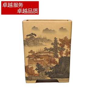 新品高端紫砂 潘涛n墨绘四方盆 高端手工兰花绿植花器室内摆件古