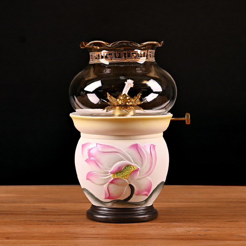 新品陶瓷莲花灯液体酥油灯灯x座供佛灯油灯佛前长明灯家用防风玻
