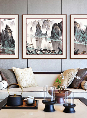 新品新中式中国风中式p客厅装饰画背有靠山山水画三联画挂画招财