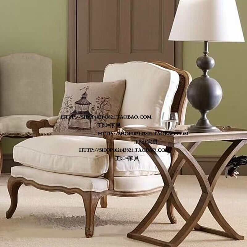 极速比利a时法式乡村实木亚麻布艺藤背单人位沙发椅洽谈椅交椅复