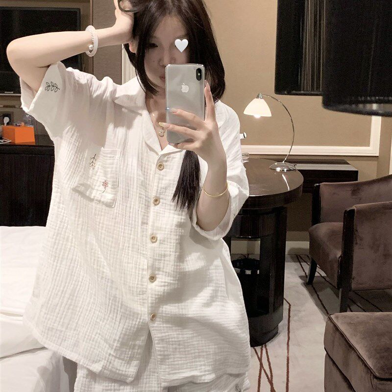 新品大码200斤日系刺绣双层棉纱睡衣女款夏季20Q25新款夏天短袖家