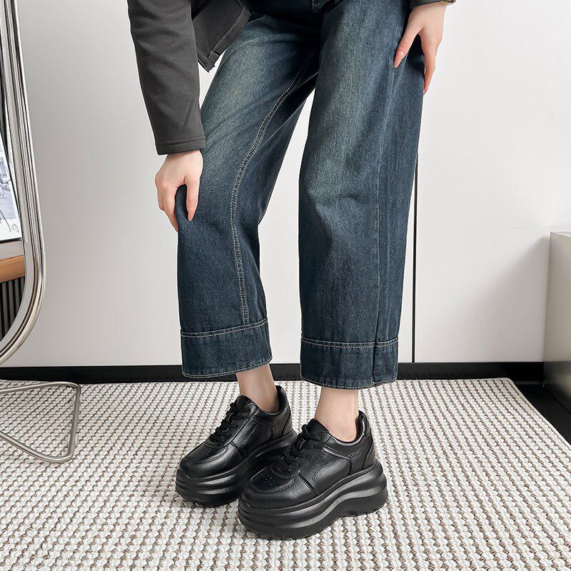 新品真皮版~黑色10CM小个子内增高松糕F鞋女2026新款厚底8CM休闲