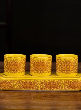 新品招财三杯座陶瓷水杯财神茶杯酒杯金莲莲花黄色杯W供净水杯招