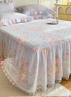 2024新款蕾丝公主风全棉夹棉床裙单件加厚纯棉花边床罩床单三件套