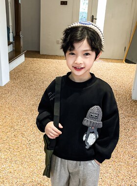 男童加绒卫衣2024冬装新款韩版儿童双层加厚上衣中小童保暖打底衫