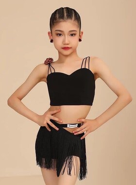 2024新款儿童高级黑色流苏吊带拉丁舞服舞衣夏季女孩新款练功服