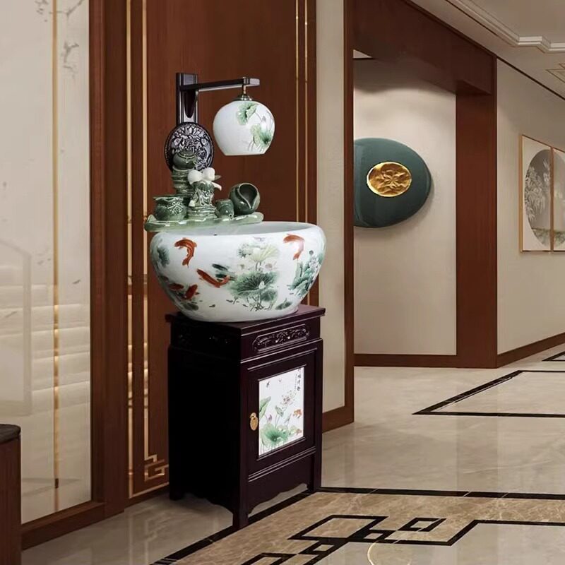 瓷塘祥汇景德镇金鱼缸陶瓷鱼缸落地摆件循环流水养鱼客厅家用柜式