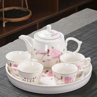 8头茶具套装 家用茶壶有耳茶杯圆形瓷茶盘中式 陶瓷功夫茶具整套装