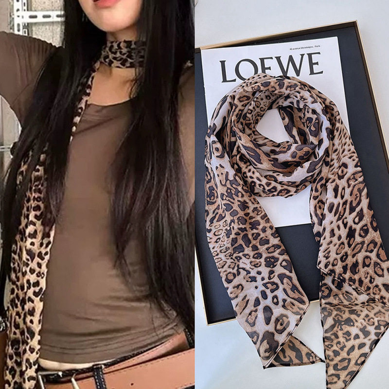 欧美风豹纹雪纺小长条丝巾女时尚辣妹装饰领巾轻薄围巾飘带2024秋