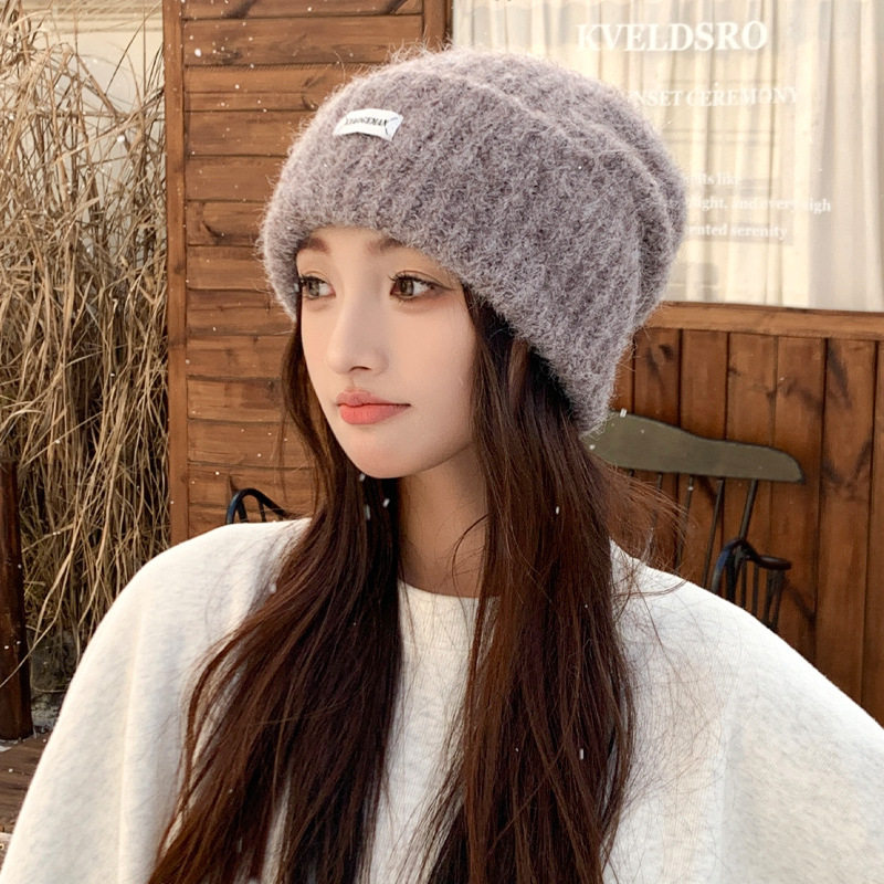 含羊毛日系宽松大头围堆堆帽女秋冬季显脸小毛线帽韩版保暖针织帽
