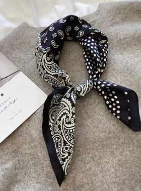 【黑色腰果】春秋新款70方巾百搭时尚洋气丝巾薄款围巾夏季方形