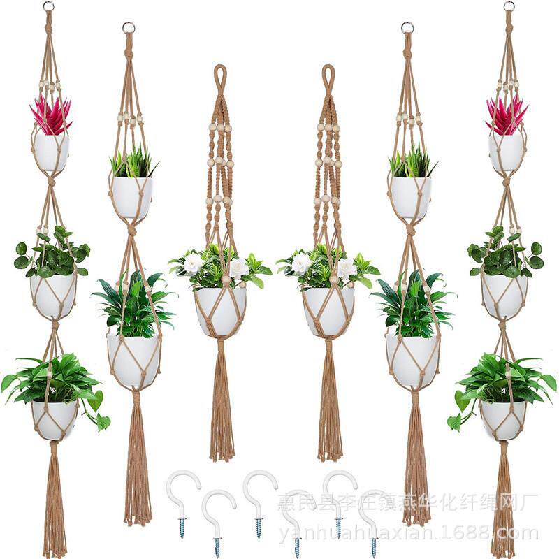 手工编织花盆网兜植物纤维悬挂阳台花盆跨境吊篮网兜悬挂吊篮花盆