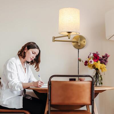 布艺客厅灯现代卧室壁灯固定装置床边壁灯摇臂壁灯书房阅读布艺灯