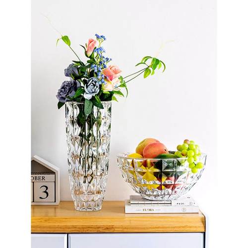 北欧客厅透明水晶玻璃花瓶创意百合花瓶玫瑰花假花大花瓶家用摆件