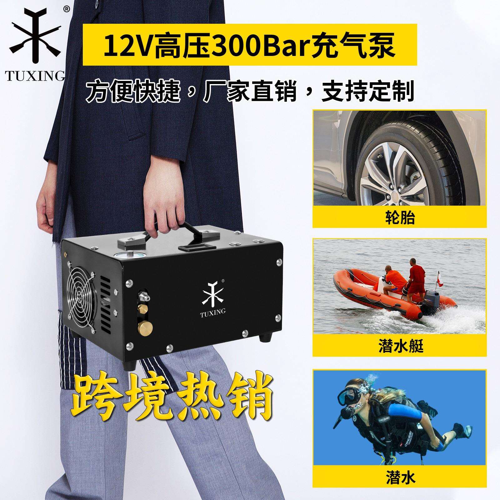 TUXING 12v/110v/220v车载高压打气机30mpa高压充气泵微型款30mpa