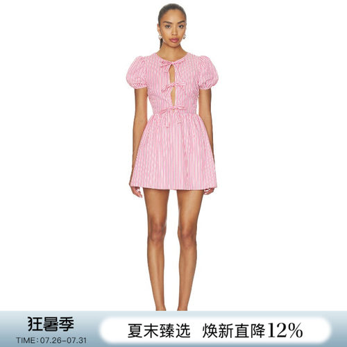 [早秋新品]REVOLVE粉色连衣裙泡泡短袖条纹夏季蝴蝶结甜美风短裙