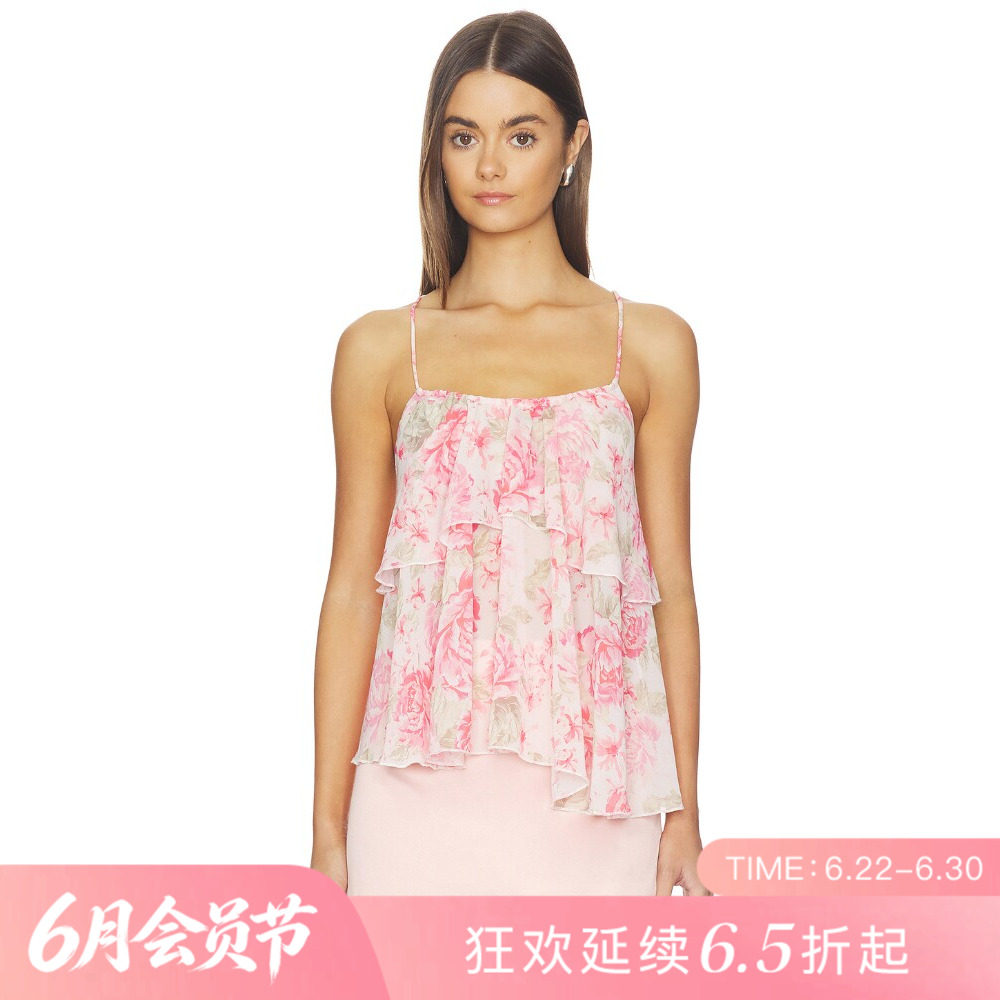 [夏季新品]REVOLVE粉色无袖短款修身吊带荷叶边雪纺甜美上装