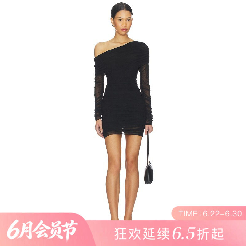 [夏季新品]REVOLVE黑色褶皱百搭显瘦短款单肩辣妹连衣裙