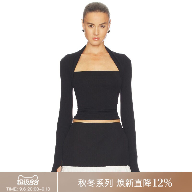 REVOLVE黑色衬衫挂脖披肩式假两件针织辣妹风早秋新品上衣