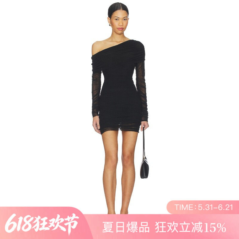 [夏季新品]REVOLVE黑色褶皱百搭显瘦短款单肩辣妹连衣裙