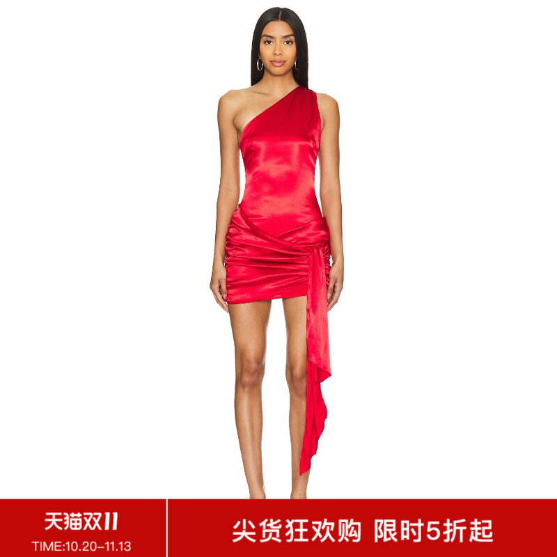 REVOLVE红色单肩不对称肩带缎面性感迷你裙