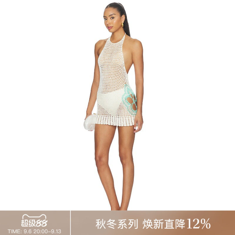 REVOLVE米白色连衣裙挂脖露背镂空钩织度假风长裙七夕送礼