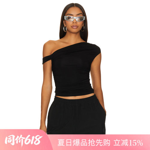 [夏季新品]REVOLVE黑色衬衫时尚简约露肩修身短款无袖酷飒上装