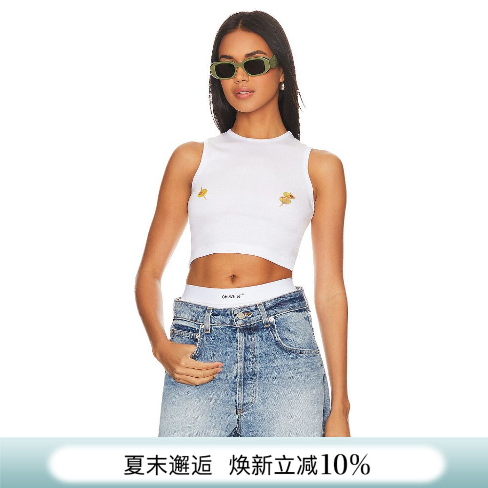 [夏季新品]REVOLVE白色衬衫小高领蜜蜂刺绣辣妹短款上装