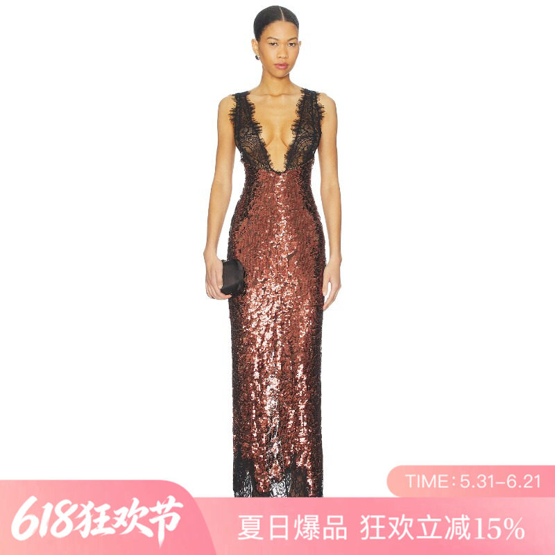 [夏季新品]REVOLVE棕色褶皱百搭显瘦短款深V领性感抹胸裙