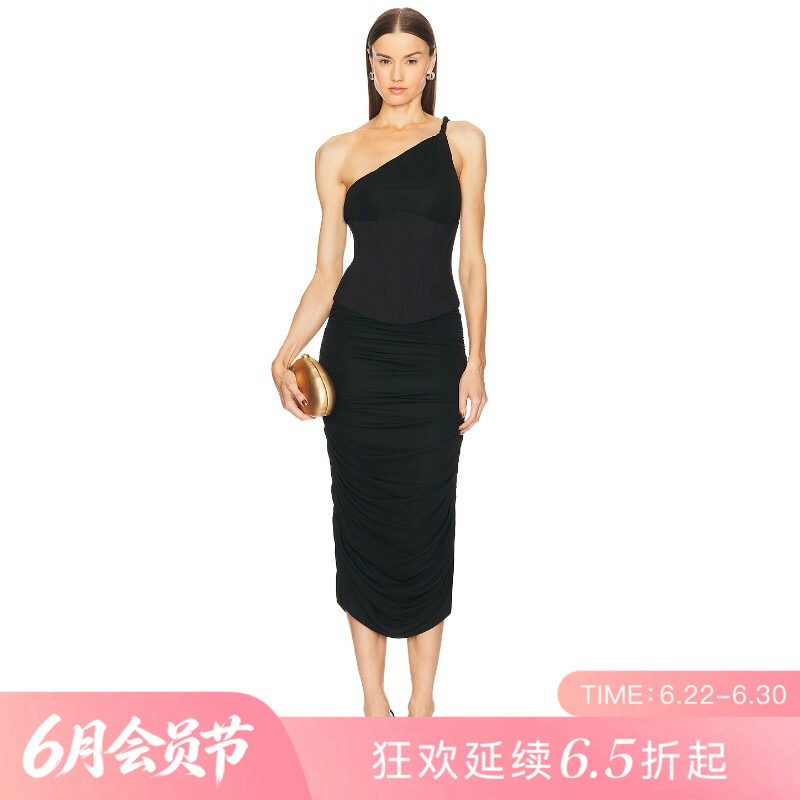 [夏季新品]REVOLVE黑色褶皱百搭显瘦短款单肩优雅连衣裙