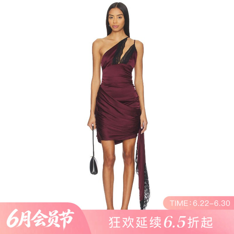 [夏季新品]REVOLVE酒红色百搭显瘦短款单肩缎面辣妹连衣裙