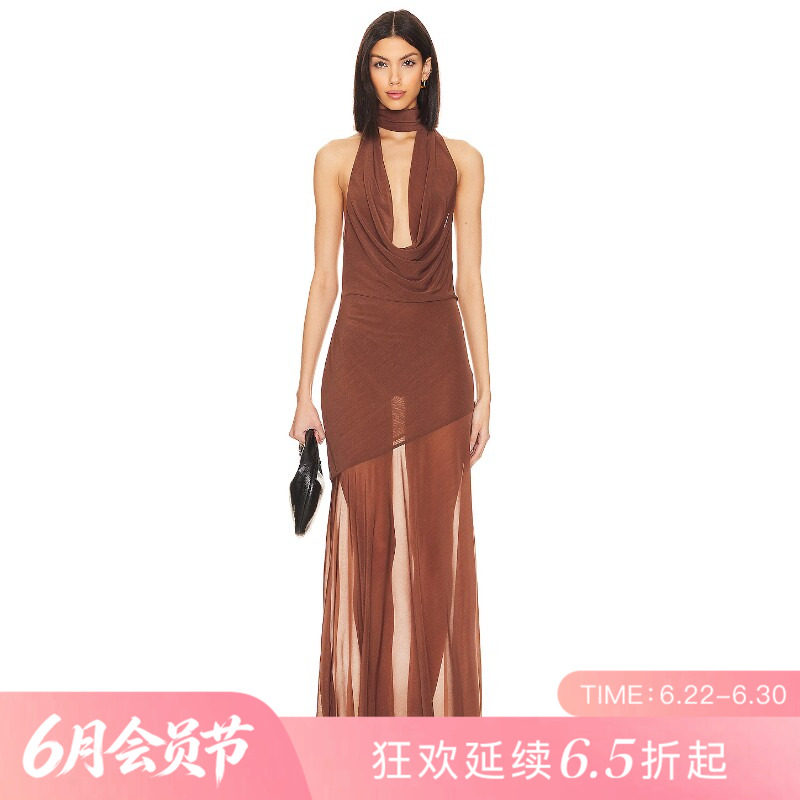 [夏季新品]REVOLVE棕色百搭显瘦短款挂脖雪纺性感吊带裙