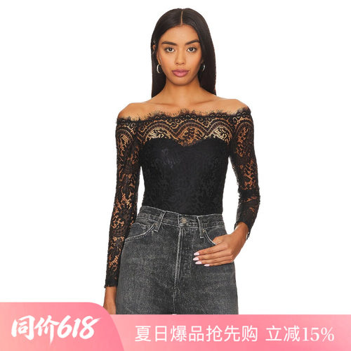 [夏季新品]REVOLVE黑色T恤时尚简约修身一字肩蕾丝优雅长袖上装