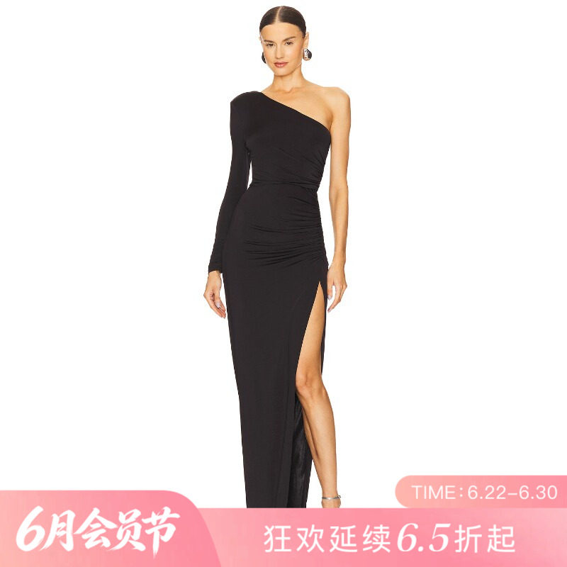[夏季新品]REVOLVE黑色褶皱百搭显瘦短款单肩优雅连衣裙