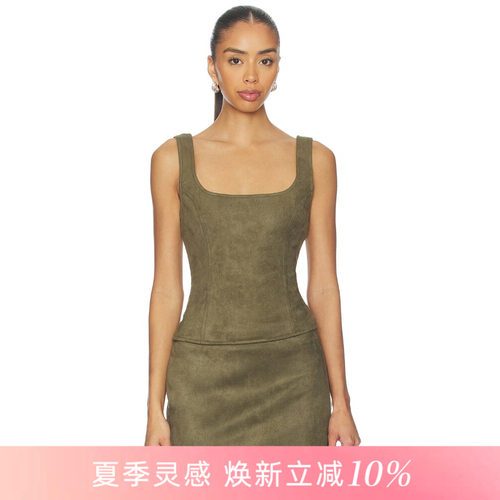 [夏季新品]REVOLVE军绿色背心方领宽肩带收腰剪裁辣妹风上衣