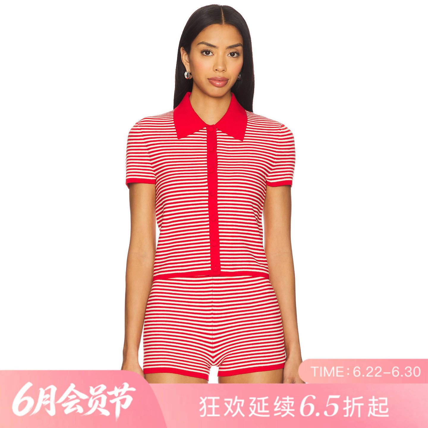 [夏季新品]REVOLVE红色T恤条纹翻领复古短袖修身上装