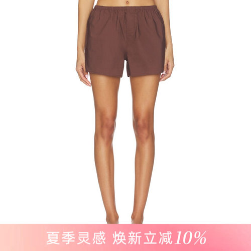[夏季新品]REVOLVE棕色短裤松紧腰前片假门襟棉质简约风短裤