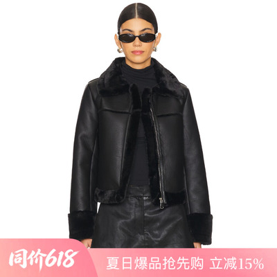 [夏季新品]REVOLVE简约色外套翻领拉链毛绒拼接皮革酷飒夹克