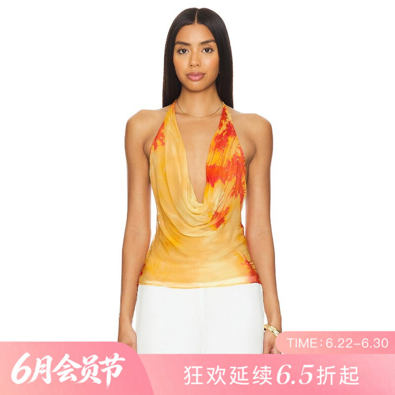 [夏季新品]REVOLVE黄色褶皱无袖短款修身背心挂脖雪纺性感吊带