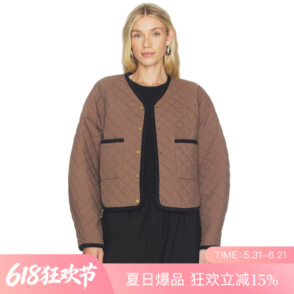 [夏季新品]REVOLVE棕色休闲收腰短款修身外套菱格绗缝休闲夹克