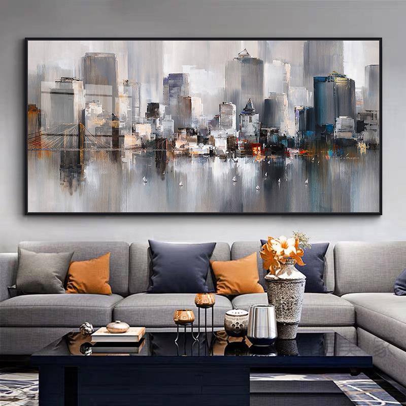 抽象城市建筑装饰画沙发后面的墙上挂画现代美式客厅大气横版壁画