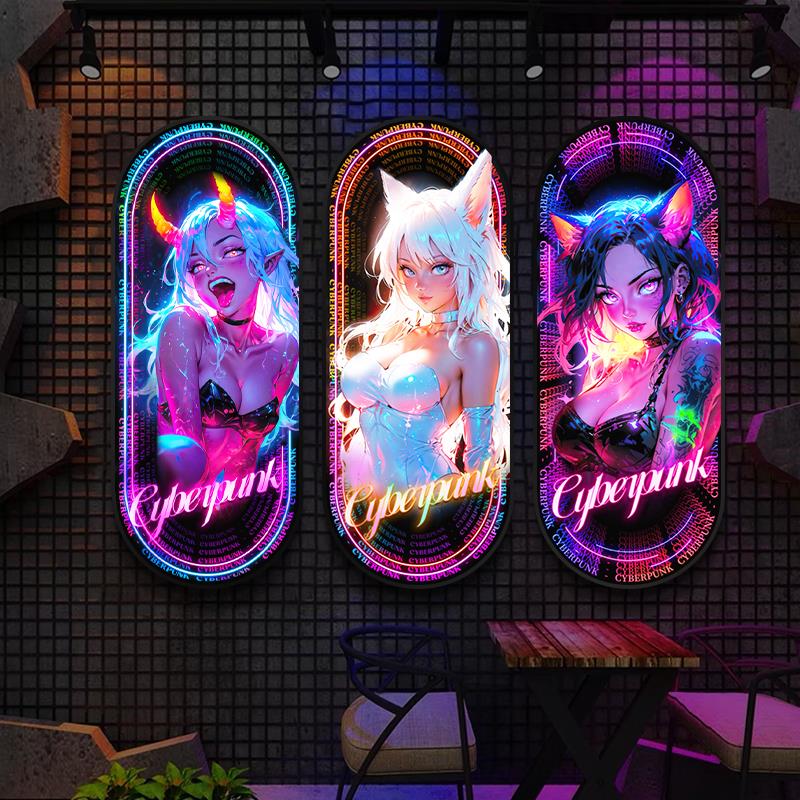 赛博朋克少女酒吧发光画KTV夜店装饰氛围灯网咖电竞酒店房LED挂画