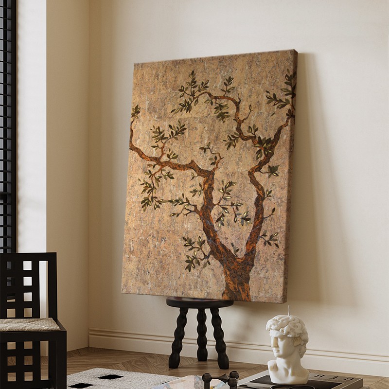 中古风大树装饰画客厅玄关抽象植物复古手绘油画餐厅极简艺术挂画图片