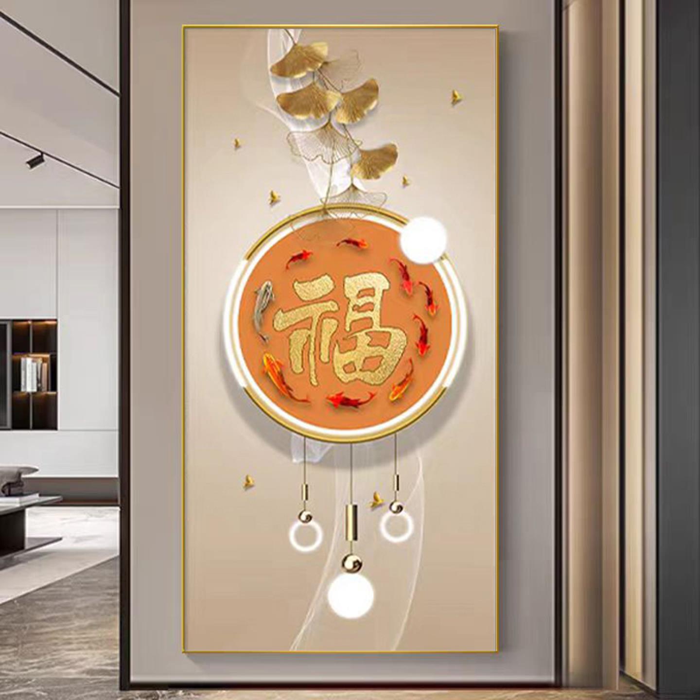 现代简约玄关入户挂画走廊过道壁画钉线绕线鎏金正对门墙画纳财福